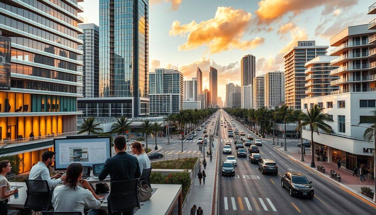 A dynamic urban landscape with sleek high-rise buildings and vibrant street scenes. In the foreground, a team of digital marketing professionals from "MKT" agency huddle around laptops and whiteboards, brainstorming innovative strategies for real estate clients. Midground, the bustling streets of a modern Miami cityscape, with people hurrying by and cars navigating the busy thoroughfares. In the background, the iconic skyline of Miami's financial district, bathed in warm, golden-hour light. The scene conveys a sense of energy, collaboration, and the ever-evolving nature of digital real estate marketing.
