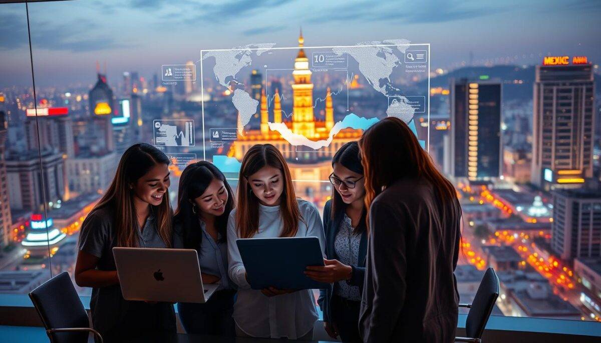 A vibrant, dynamic scene showcasing the current landscape of social media marketing in Mexico. In the foreground, a group of young, tech-savvy professionals collaborate on a digital strategy, their laptops and tablets illuminated by the warm glow of a modern office space. In the middle ground, a giant holographic display depicts the latest social media trends, metrics, and analytics, guiding their decision-making. The background features a bustling cityscape, with the iconic landmarks of Mexico City serving as a backdrop, symbolizing the broad reach and impact of MKT (social media marketing) in the region. The overall mood is one of energy, innovation, and a deep understanding of the evolving role of social media in driving business success. A vibrant, dynamic scene showcasing the current landscape of social media marketing in Mexico. In the foreground, a group of young, tech-savvy professionals collaborate on a digital strategy, their laptops and tablets illuminated by the warm glow of a modern office space. In the middle ground, a giant holographic display depicts the latest social media trends, metrics, and analytics, guiding their decision-making. The background features a bustling cityscape, with the iconic landmarks of Mexico City serving as a backdrop, symbolizing the broad reach and impact of MKT (social media marketing) in the region. The overall mood is one of energy, innovation, and a deep understanding of the evolving role of social media in driving business success.
