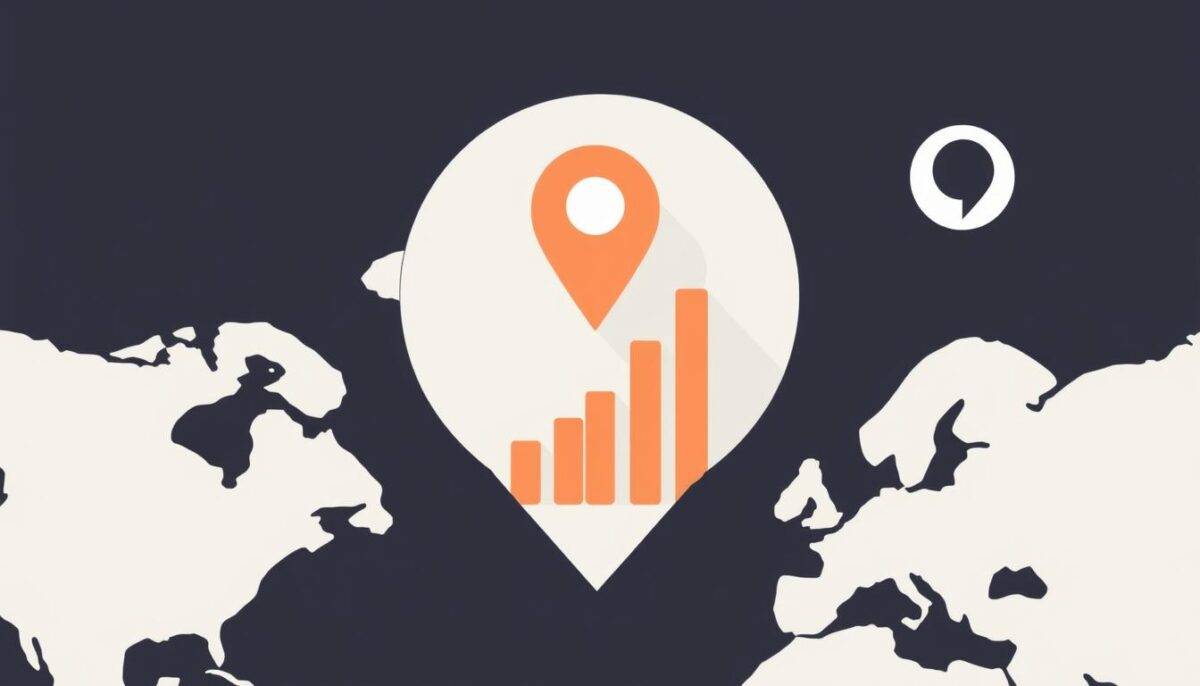 Imagen de un mapa con un marcador de ubicación y un gráfico de crecimiento Imagen de un mapa con un marcador de ubicación y un gráfico de crecimiento