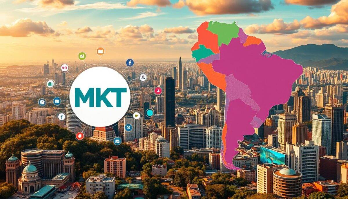 A vibrant digital landscape of Latin America, captured in a dynamic blend of colors and shapes. In the foreground, a prominent "MKT" logo symbolizes the thriving marketing ecosystem, surrounded by a tapestry of diverse digital elements - from smartphones and tablets to social media icons and interactive data visualizations. The middle ground showcases the unique cultural influences, with subtle nods to regional architecture and vibrant patterns. The background features a panoramic view of bustling cities, their skylines dotted with skyscrapers and billboards, all illuminated by a warm, golden light that conveys a sense of growth and opportunity. This image embodies the dynamic and evolving nature of the digital advertising landscape in Latin America.