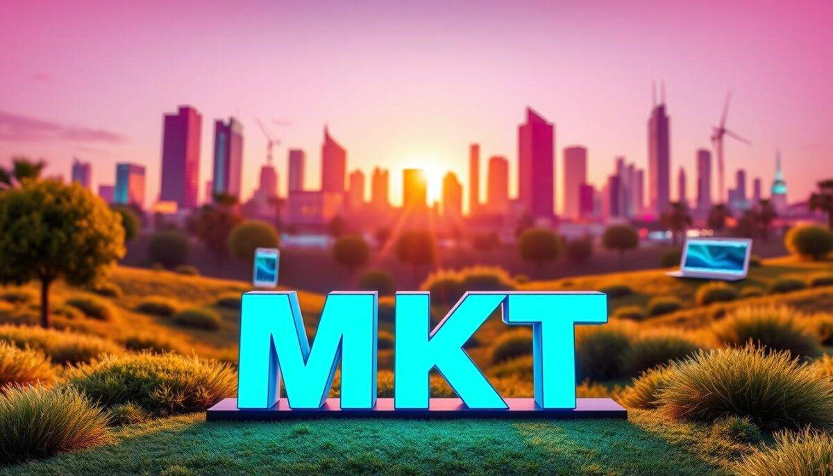 A vibrant, digital-themed landscape showcasing the latest marketing trends for small and medium-sized businesses (PyMEs) in Argentina. In the foreground, the bold "MKT" logo is prominently displayed, signifying the core of digital marketing. The middle ground features a dynamic array of digital devices, such as smartphones, tablets, and laptops, each representing the various channels and platforms available for PyME marketing. In the background, a cityscape of modern, stylized architecture and a gradient sky create a sense of energy and progression. The lighting is warm and inviting, with strategic use of neon accents to emphasize the digital nature of the scene. The overall composition conveys a sense of innovation, opportunity, and the potential for PyMEs to thrive in the digital landscape.