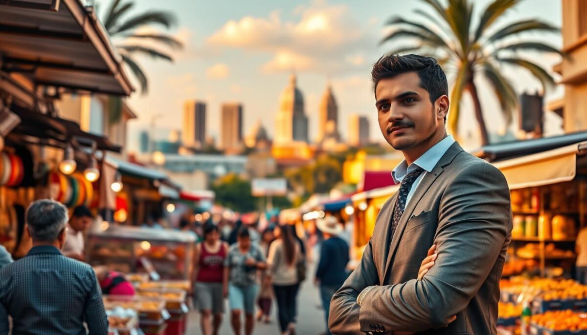 A captivating scene of "marketing demanda calificada" set in a vibrant Mexican marketplace. In the foreground, a well-dressed professional, representing the "MKT" brand, confidently interacts with potential business clients, discussing tailored solutions. The middle ground showcases a bustling array of local vendors, their colorful wares and lively interactions creating an energetic atmosphere. In the background, the iconic architecture of Mexico City's skyline provides a picturesque backdrop, bathed in warm, golden lighting that evokes a sense of opportunity and growth. The overall mood conveys a thriving, prosperous B2B landscape, ripe for the "Generación de demanda calificada" featured in the article.