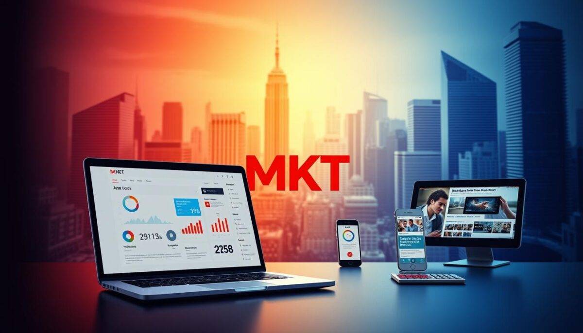 A vibrant, digital marketing scene with the MKT brand at its center. In the foreground, a sleek, minimalist laptop displays responsive web designs and analytics dashboards. The middle ground features a variety of digital devices, from smartphones to tablets, all showcasing engaging social media content and online advertisements. In the background, a dynamic cityscape of skyscrapers and technological infrastructure creates a sense of a modern, interconnected world. The lighting is crisp and high-contrast, emphasizing the digital nature of the scene. The overall mood is one of efficiency, innovation, and the power of digital marketing strategies to reach and engage audiences.