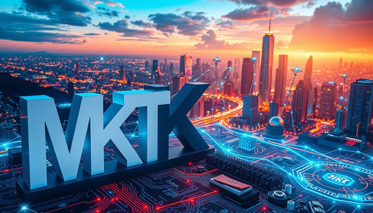A vibrant digital world, a landscape of interconnected technologies pulsing with energy. In the foreground, the bold letters "MKT" stand as a beacon, guiding the way forward. Sleek and modern, the typography is complemented by a dynamic array of digital elements - cascading lines of code, glowing circuit boards, and shimmering data streams. The middle ground showcases a network of devices and platforms, seamlessly integrated, highlighting the power of strategic digital marketing. In the background, a cityscape of towering skyscrapers and futuristic architecture, bathed in a warm, inviting glow that suggests the endless possibilities of the digital world. Dramatic lighting and a cinematic lens capture the scene, conveying a sense of awe and wonder at the digital frontier.
