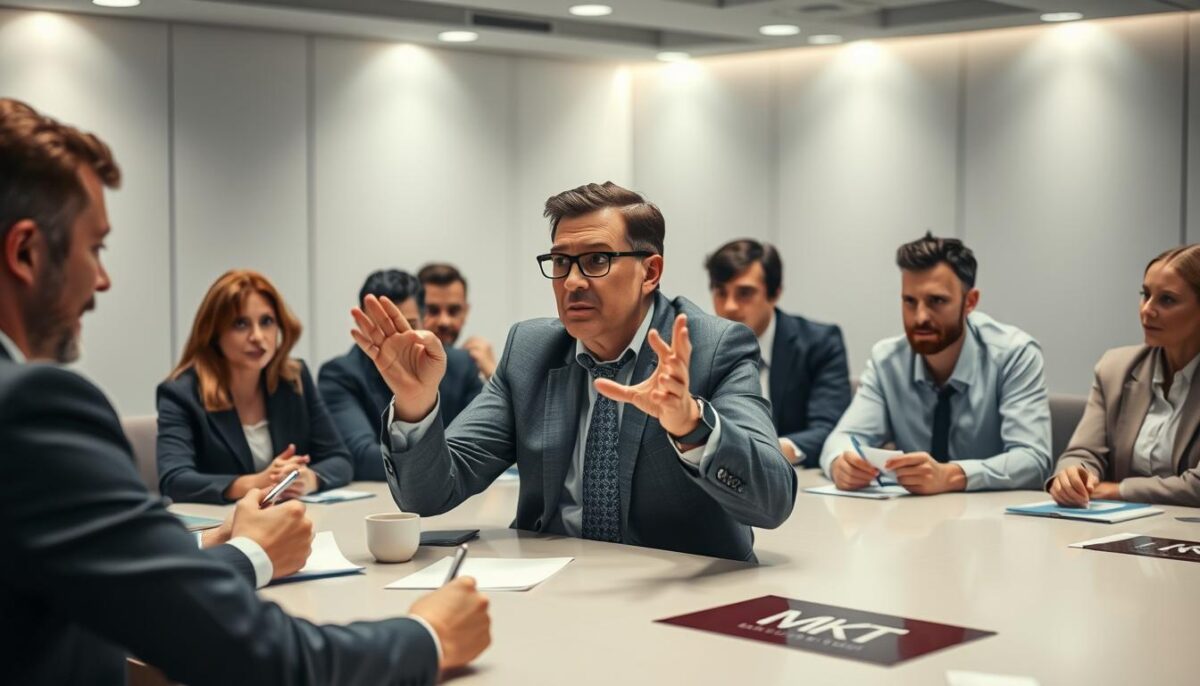 A boardroom filled with confident, professional individuals, engaged in a dynamic discussion. Soft, directional lighting illuminates their faces, creating a sense of focused intensity. The room's sleek, contemporary design features a large conference table, accented by MKT branding elements. In the foreground, a senior executive gestures passionately, guiding the discussion, while their colleagues listen intently, scribbling notes. The atmosphere conveys a sense of strategic thinking, collaborative problem-solving, and the pursuit of organizational success.