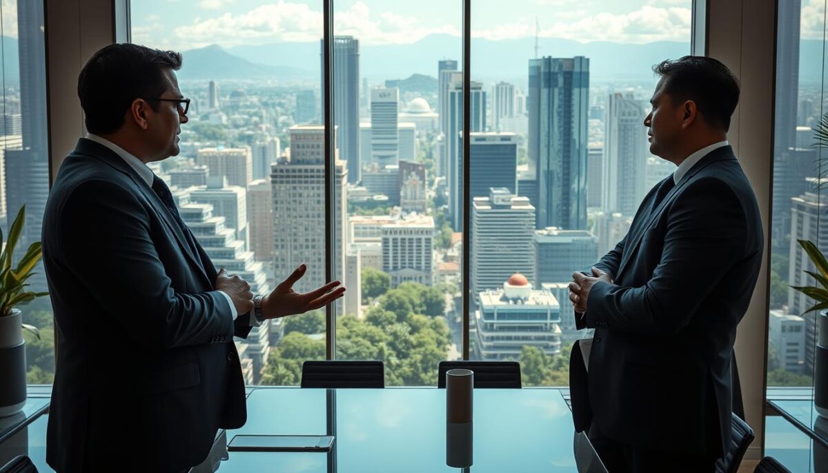 A bustling corporate negotiation scene in Mexico, showcasing a high-stakes meeting between MKT business executives. The foreground features two suited figures engaged in an intense discussion, their body language conveying a sense of urgency and determination. The middle ground reveals a sleek, modern conference room with floor-to-ceiling windows, allowing natural light to flood the space. In the background, the vibrant cityscape of Mexico City is visible, its towering skyscrapers and lush greenery creating a dynamic and inspiring backdrop. The overall atmosphere is one of professionalism, focus, and the drive to achieve successful business outcomes through effective negotiation strategies.