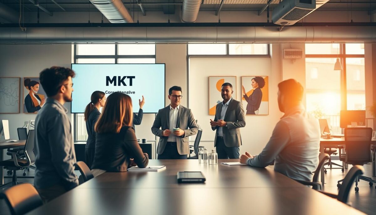 A dynamic, modern office setting featuring a group of sales professionals engaged in a consultative sales training session. The scene is bathed in warm, natural light filtering through large windows, creating a welcoming atmosphere. In the foreground, a team of five individuals are gathered around a conference table, intently focused on the presentation displayed on a sleek, minimalist digital screen bearing the "MKT" logo. The middle ground showcases an open, collaborative workspace with ergonomic desks and chairs, fostering a productive, results-oriented environment. In the background, a clean, modern decor with pops of color and abstract artworks conveys a sense of creativity and innovation. The overall mood is one of focused professionalism, where the training program is designed to empower the sales team to deliver exceptional consultative experiences.