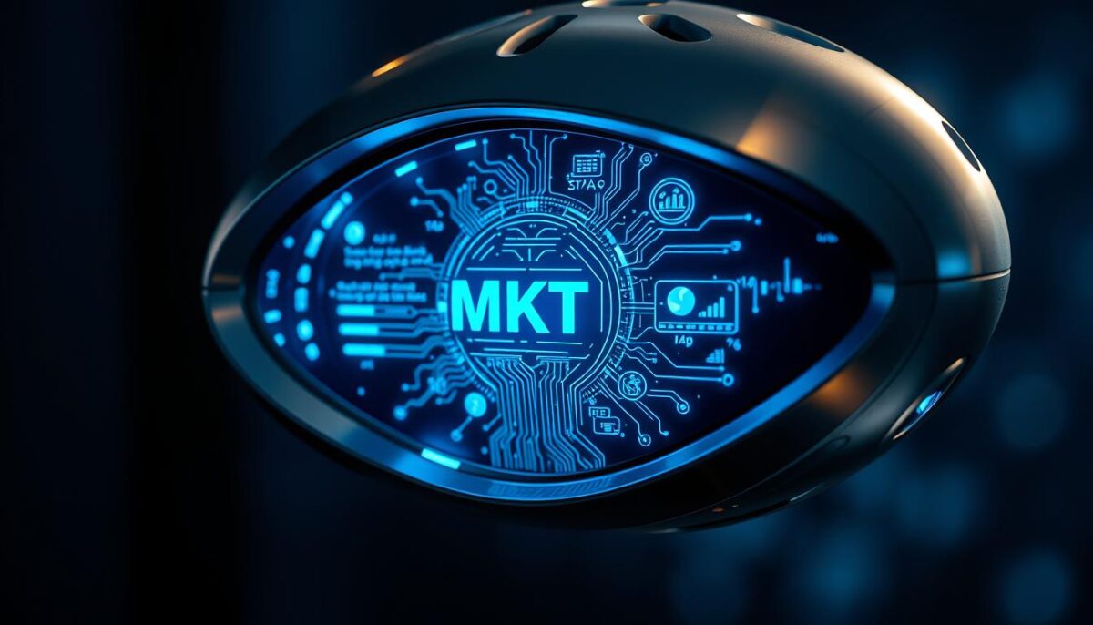 A futuristic cerebro-like device with a sleek, metallic exterior. The device hovers in mid-air, pulsing with intricate circuits and displays. Holographic projections emanate from the center, showcasing MKT (neuromarketing) data and insights. The lighting is dramatic, with cool blue hues and sharp shadows, creating a sense of high-tech sophistication. The background is blurred, allowing the cerebro device to be the focal point, conveying the power of understanding the human mind to drive marketing success in Argentina.