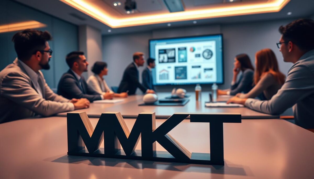 A modern and dynamic digital marketing training session in Argentina, showcased by a group of professionals gathered around a large, sleek table. Soft, warm lighting illuminates the scene, creating an atmosphere of focus and collaboration. The foreground features the "MKT" logo prominently displayed, signifying the marketing focus. In the middle ground, the team is engaged in discussion, gesturing towards a digital presentation on a large screen. The background is softly blurred, emphasizing the central activity. The overall mood is one of purpose, innovation, and a commitment to developing intelligent marketing strategies to empower businesses.