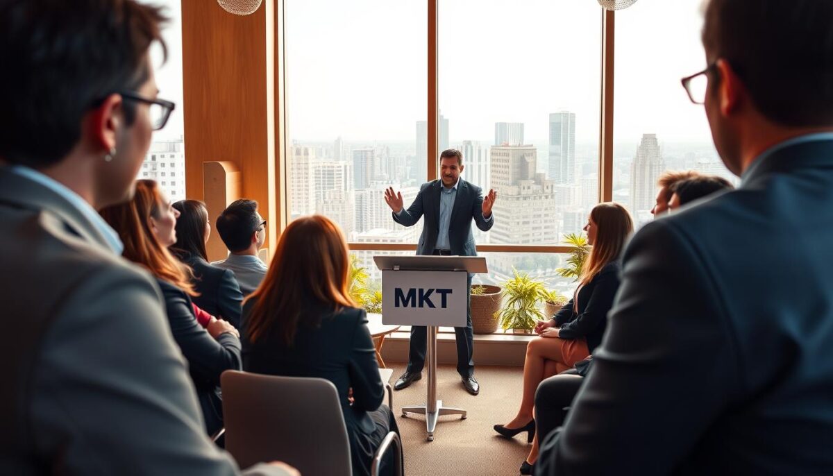 A vibrant business training scene set in modern Mexico. In the foreground, a group of professionals in business attire intently focused on a presentation, the MKT brand prominently displayed. In the middle ground, a dynamic instructor gestures passionately, engaging the audience. The background features a warm, natural-lit office space with floor-to-ceiling windows overlooking the bustling cityscape of Mexico City. The overall atmosphere conveys a sense of productivity, energy, and the importance of professional development in the Mexican business landscape.