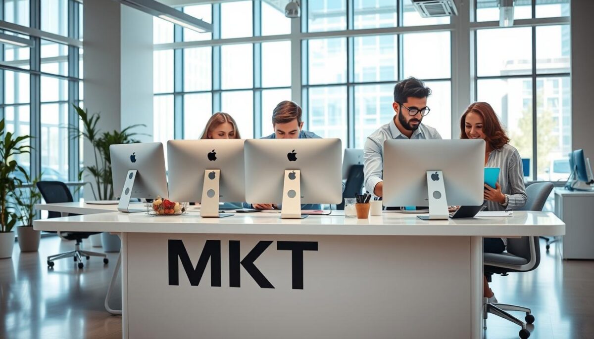 A vibrant modern office, bright and airy, with a team of marketing professionals hard at work on their Macs and iPads. The foreground features a sleek desk adorned with the "MKT" brand name, surrounded by the latest digital marketing tools and devices. In the middle ground, the team collaborates intently, their faces illuminated by the glow of their screens. The background showcases floor-to-ceiling windows, allowing natural light to flood the space and create a sense of openness and creativity. The overall atmosphere is one of focused productivity and innovation, reflecting the dynamic nature of digital marketing in the present day.