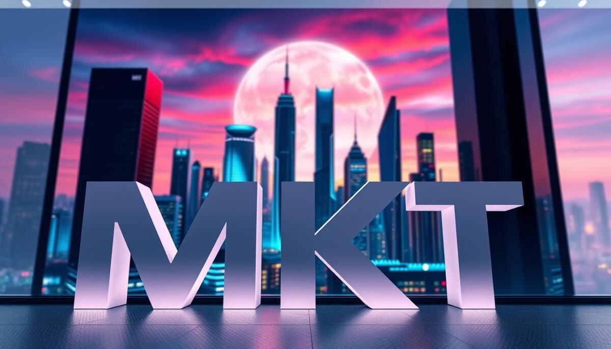 A modern, sleek illustration showcasing the digital marketing landscape for fintech companies. In the foreground, the stylized letters "MKT" in a minimalist, geometric font convey the essence of marketing. In the middle ground, a cityscape of futuristic skyscrapers and tech hubs, representing the dynamic fintech industry. The background features a vibrant, gradient-filled sky, evoking a sense of innovation and progress. Cinematic lighting and a shallow depth of field create a polished, professional aesthetic. The overall mood is one of sophistication, technology, and the transformative power of digital marketing in the fintech sector.