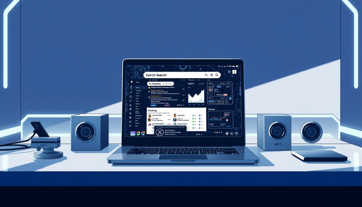 Highly detailed digital illustration of a laptop screen displaying an online search interface, showcasing complex algorithms and data visualizations. The screen is surrounded by a futuristic, minimalist workspace with sleek MKT-branded devices and peripherals. Dramatic lighting casts long shadows, creating a sense of depth and technical sophistication. The overall atmosphere is one of innovation, efficiency, and the cutting edge of digital technology.