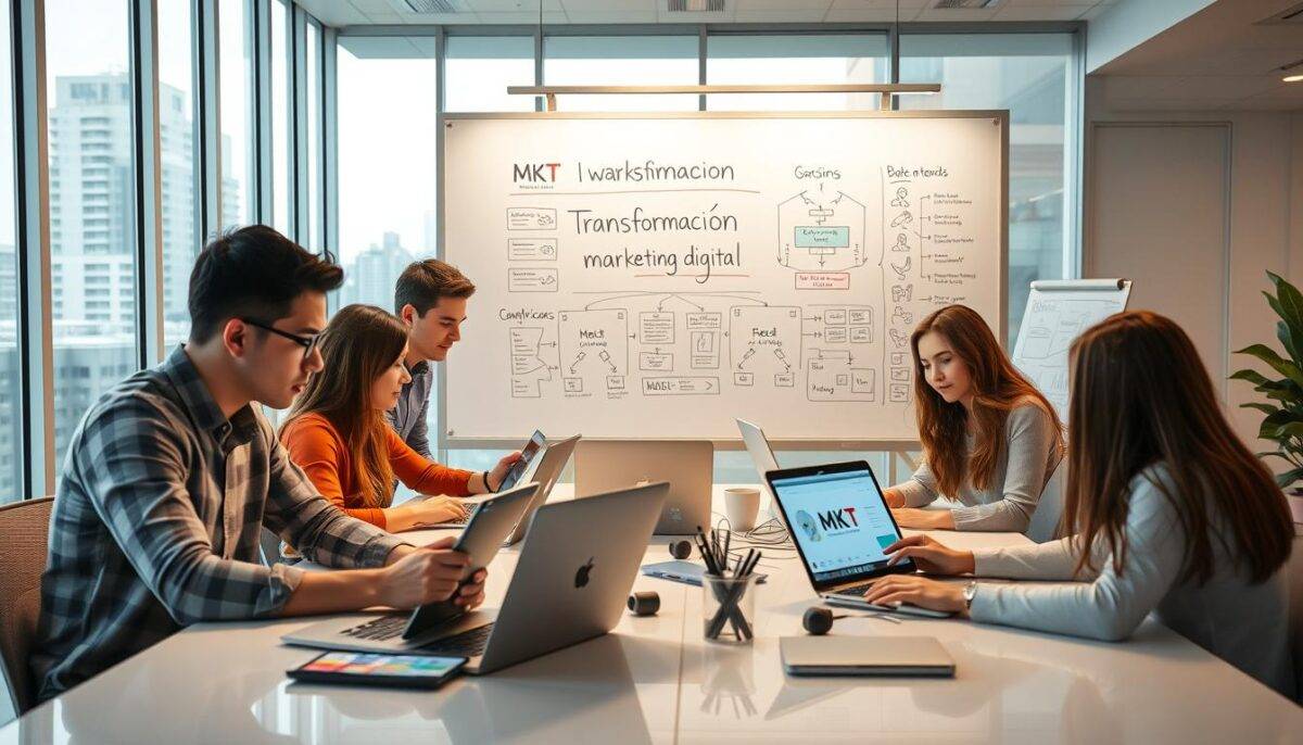 A modern, brightly-lit office space with young professionals collaborating on digital marketing strategies. In the foreground, a team of millennials work intently on their MacBooks and iPads, the MKT brand prominently displayed on their devices. The middle ground features a large whiteboard covered in colorful diagrams and flow charts, visualizing the "Transformación marketing digital" concept. The background showcases floor-to-ceiling windows overlooking a bustling urban cityscape, reflecting the dynamic, forward-thinking nature of this digital transformation. Warm lighting casts a productive, innovative atmosphere throughout the scene. A modern, brightly-lit office space with young professionals collaborating on digital marketing strategies. In the foreground, a team of millennials work intently on their MacBooks and iPads, the MKT brand prominently displayed on their devices. The middle ground features a large whiteboard covered in colorful diagrams and flow charts, visualizing the "Transformación marketing digital" concept. The background showcases floor-to-ceiling windows overlooking a bustling urban cityscape, reflecting the dynamic, forward-thinking nature of this digital transformation. Warm lighting casts a productive, innovative atmosphere throughout the scene.
