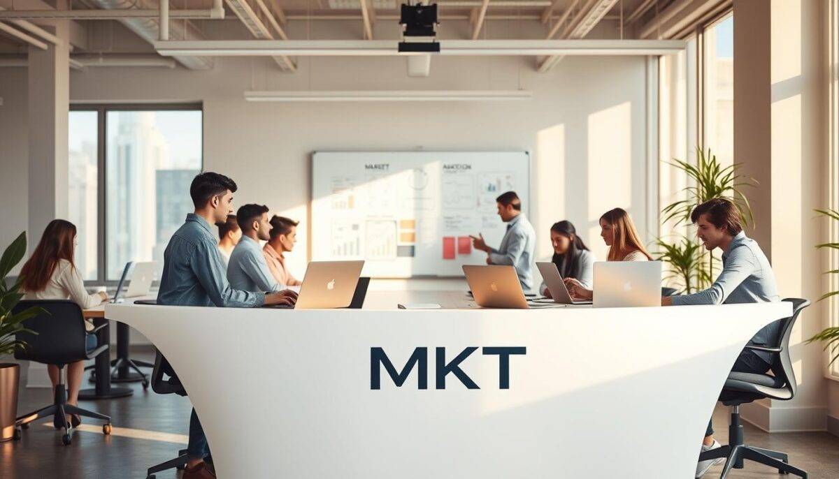 A modern office space filled with young professionals collaborating on strategic marketing initiatives. In the foreground, a sleek curved desk displays the "MKT" logo, surrounded by state-of-the-art Apple devices. Warm natural lighting filters through large windows, creating a productive and inspiring atmosphere. In the middle ground, a whiteboard showcases market insights and campaign brainstorming. The background features a minimalist design with neutral tones, allowing the focus to remain on the dynamic team engaged in strategic marketing training and development.