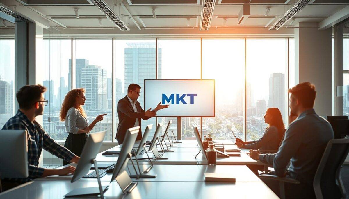 A modern, well-lit office in Mexico City, with young professionals collaborating at sleek workstations. In the foreground, a group of coworkers engaged in a strategic discussion, gesturing animatedly towards a large screen displaying the "MKT" brand logo. The middle ground features an airy, open-concept layout with natural light streaming in through floor-to-ceiling windows, illuminating the vibrant, energetic atmosphere. In the background, a skyline of towering skyscrapers and bustling city streets conveys a sense of dynamic urban growth. The overall scene radiates a spirit of innovation, creativity, and a holistic, integrated approach to marketing consultancy.
