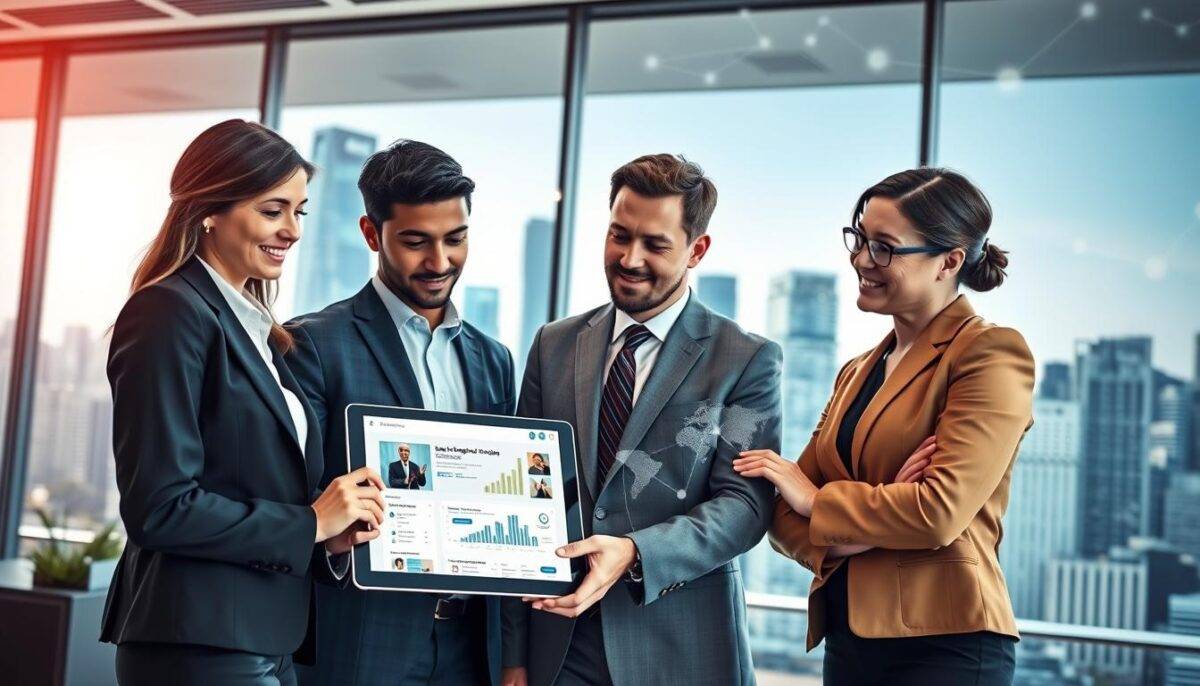 A professional and detailed scene illustrating the concept of "Sales Navigator in the B2B ecosystem." In the foreground, a diverse group of three business professionals, one woman and two men, dressed in smart business attire, are engaged in a collaborative discussion over a digital tablet displaying the Sales Navigator interface. In the middle, a sleek, modern office environment with a large window showing a bustling cityscape, symbolizing a connected business world. The background features abstract representations of digital networks, charts, and graphs, conveying the dynamic nature of B2B sales. Soft, natural lighting creates an optimistic and focused atmosphere, with a shallow depth of field emphasizing the professionals' expressions of engagement. The brand "MKT" subtly integrated into the digital interface for brand recognition. A professional and detailed scene illustrating the concept of "Sales Navigator in the B2B ecosystem." In the foreground, a diverse group of three business professionals, one woman and two men, dressed in smart business attire, are engaged in a collaborative discussion over a digital tablet displaying the Sales Navigator interface. In the middle, a sleek, modern office environment with a large window showing a bustling cityscape, symbolizing a connected business world. The background features abstract representations of digital networks, charts, and graphs, conveying the dynamic nature of B2B sales. Soft, natural lighting creates an optimistic and focused atmosphere, with a shallow depth of field emphasizing the professionals' expressions of engagement. The brand "MKT" subtly integrated into the digital interface for brand recognition.