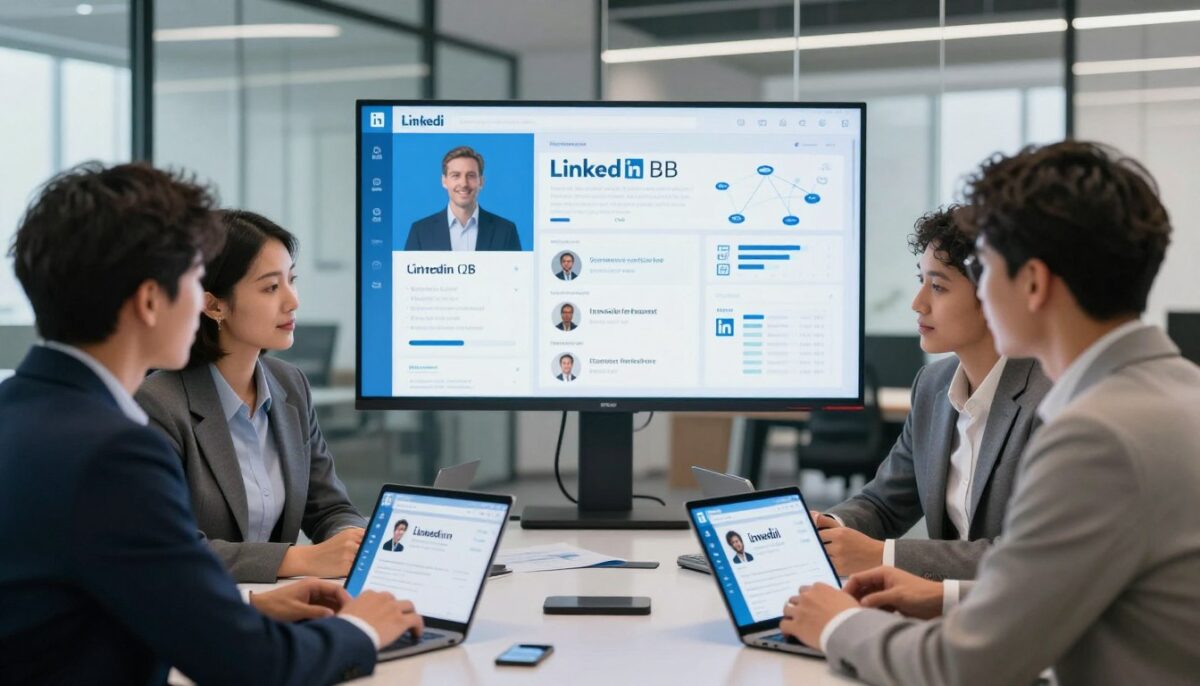 A professional setting illustrating B2B buyer behavior on LinkedIn. In the foreground, a diverse group of three business professionals, two men and one woman, engaged in conversation while examining digital devices displaying LinkedIn profiles. They wear smart business attire, exuding confidence and professionalism. In the middle layer, a large screen or holographic display shows analytics and trends related to LinkedIn user engagement, emphasizing B2B connections and interactions. The background features a modern office environment with glass walls and soft natural lighting filtering in from large windows, creating a collaborative atmosphere. The overall mood is focused, innovative, and encouraging. Capture this scene using a wide-angle perspective to enhance the sense of space and engagement. Include the brand name "MKT" subtly integrated into the digital displays.