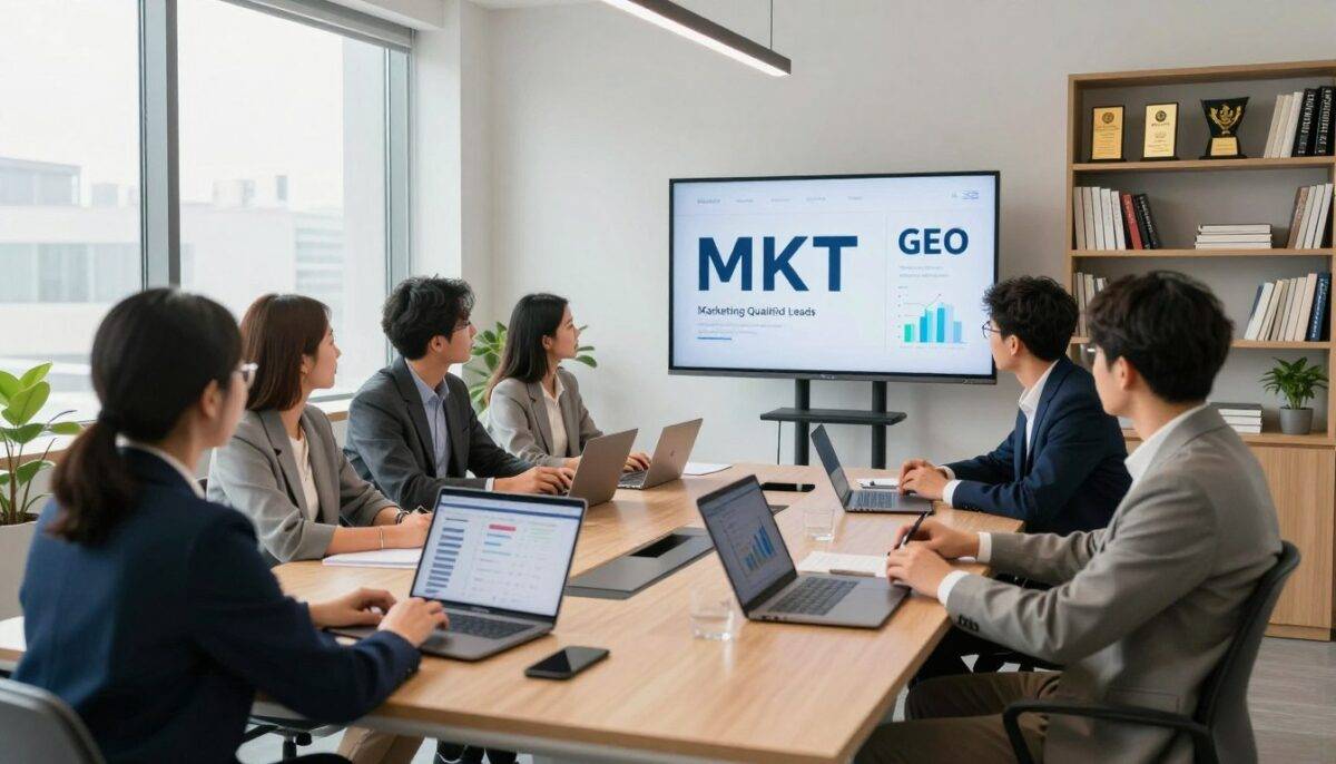 A modern office space designed for B2B marketing consultancy, featuring a large conference table surrounded by professionals in smart business attire. They are engaged in a discussion about digital marketing strategies, with laptops open displaying data and graphs. In the foreground, a large screen shows the brand name "MKT" and visuals related to Marketing Qualified Leads, SEO, and GEO. The room is brightly lit with natural light streaming through large windows, giving a fresh and inspiring atmosphere. In the background, shelves filled with marketing books and awards suggest expertise and success in the field. The overall mood is focused, dynamic, and collaborative, representing a strategic approach to B2B marketing consulting.