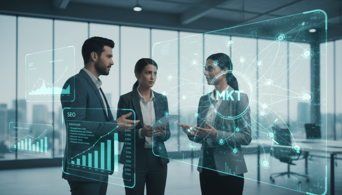 A digital collage illustrating the theme of "web visibility in SEO" for a professional context. In the foreground, a diverse group of three business professionals, two men and one woman, are engaged in a focused discussion, all dressed in smart casual attire, surrounded by charts and digital screens showing SEO metrics and growth graphs. In the middle ground, a large interactive display features a glowing web of interconnected nodes symbolizing online visibility. The background portrays a sleek, modern office environment with glass walls reflecting natural light and city views, creating an atmosphere of innovation and expertise. The overall color palette is a blend of cool blues and greens, evoking a sense of trust and professionalism. The brand "MKT" is subtly integrated into the design. A digital collage illustrating the theme of "web visibility in SEO" for a professional context. In the foreground, a diverse group of three business professionals, two men and one woman, are engaged in a focused discussion, all dressed in smart casual attire, surrounded by charts and digital screens showing SEO metrics and growth graphs. In the middle ground, a large interactive display features a glowing web of interconnected nodes symbolizing online visibility. The background portrays a sleek, modern office environment with glass walls reflecting natural light and city views, creating an atmosphere of innovation and expertise. The overall color palette is a blend of cool blues and greens, evoking a sense of trust and professionalism. The brand "MKT" is subtly integrated into the design.