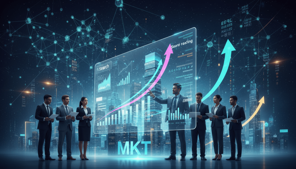 A dynamic and futuristic digital landscape illustrating the evolution of SEO with artificial intelligence. In the foreground, a diverse team of professionals dressed in smart business attire collaborates around a holographic interface displaying graphs, keywords, and data trends representing SEO metrics. The middle layer features ascending skyscrapers made of data blocks, symbolizing growth and progress in digital marketing. In the background, a sky filled with interconnected nodes and circuits conveys the concept of AI integration in SEO strategies. Bright, focused lighting highlights the teamwork and innovation, creating an atmosphere of excitement and technological advancement. The image should reflect a modern, corporate aesthetic, ideal for showcasing the interplay between SEO and AI in marketing, with the brand name "MKT" subtly integrated into the design.