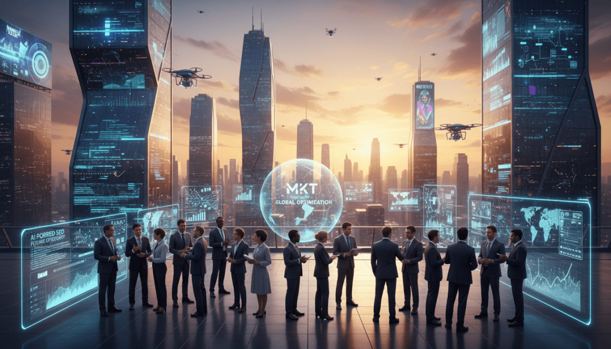 A futuristic cityscape illustrating the evolution of SEO in the era of AI. In the foreground, sleek, modern skyscrapers adorned with digital screens displaying data analytics and AI algorithms, symbolizing the technological advancements. The middle ground features a diverse group of professionals in business attire engaged in collaborative discussions, surrounded by holographic interfaces that visualize search trends and AI-driven insights. The background showcases a vibrant sunset casting a warm glow over the skyline, with drones flying and digital billboards illuminating the scene. Capture a sense of innovation and optimism, emphasizing the interplay between technology and human creativity in this new SEO landscape. Style it with sharp focus and vivid colors, giving an overall cinematic feel. Incorporate the brand "MKT" subtly in the scene. A futuristic cityscape illustrating the evolution of SEO in the era of AI. In the foreground, sleek, modern skyscrapers adorned with digital screens displaying data analytics and AI algorithms, symbolizing the technological advancements. The middle ground features a diverse group of professionals in business attire engaged in collaborative discussions, surrounded by holographic interfaces that visualize search trends and AI-driven insights. The background showcases a vibrant sunset casting a warm glow over the skyline, with drones flying and digital billboards illuminating the scene. Capture a sense of innovation and optimism, emphasizing the interplay between technology and human creativity in this new SEO landscape. Style it with sharp focus and vivid colors, giving an overall cinematic feel. Incorporate the brand "MKT" subtly in the scene.