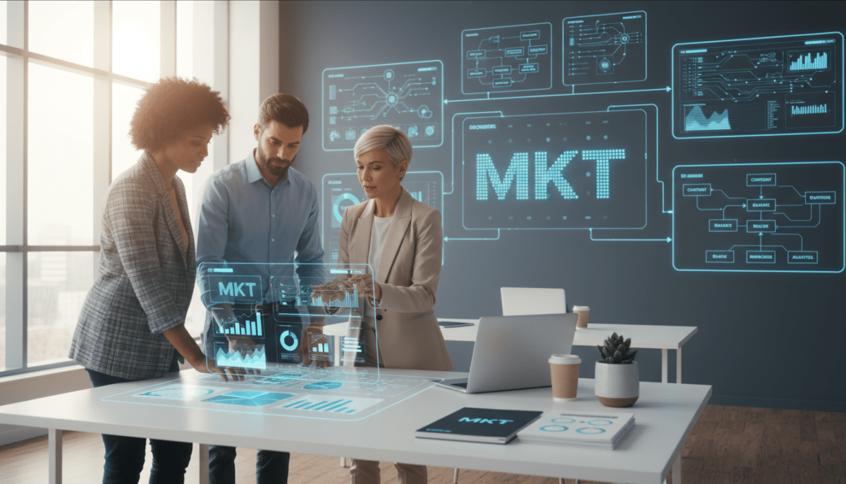 A modern digital workspace showcasing "MKT" as a central theme. In the foreground, a diverse group of three professionals in business attire collaborate over a large tablet displaying analytics and SEO data. The middle ground features a sleek, minimalist desk with a laptop, documents, and a potted plant, symbolizing efficiency and focus. In the background, a wall adorned with charts and graphs illustrating SEO strategies enhances the atmosphere of expertise. Soft, natural lighting bathes the scene, creating a professional, welcoming ambiance. The overall mood is one of teamwork and innovation, reflecting comprehensive SEO services in action. A modern digital workspace showcasing "MKT" as a central theme. In the foreground, a diverse group of three professionals in business attire collaborate over a large tablet displaying analytics and SEO data. The middle ground features a sleek, minimalist desk with a laptop, documents, and a potted plant, symbolizing efficiency and focus. In the background, a wall adorned with charts and graphs illustrating SEO strategies enhances the atmosphere of expertise. Soft, natural lighting bathes the scene, creating a professional, welcoming ambiance. The overall mood is one of teamwork and innovation, reflecting comprehensive SEO services in action.