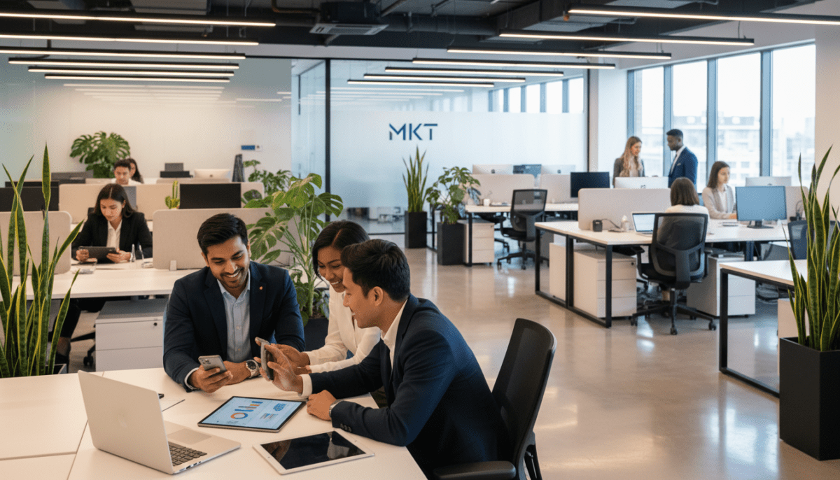 A modern office environment showcasing young professionals in business attire, collaborating on iPads and iPhones, with a sleek MacBook visible. In the foreground, a diverse group of three professionals—two men and one woman—are engaged in a discussion, analyzing data on a digital tablet. The middle layer includes a beautifully designed open workspace with ergonomic furniture, plants, and light streaming in from large windows, creating a bright and inviting atmosphere. The background features subtle branding elements, including the logo "MKT" on a glass wall. The lighting is soft yet vibrant, highlighting a sense of teamwork and innovation, suitable for illustrating the concept of B2B demand generation. The overall mood of the image is dynamic and professional, perfect for a business-focused article.