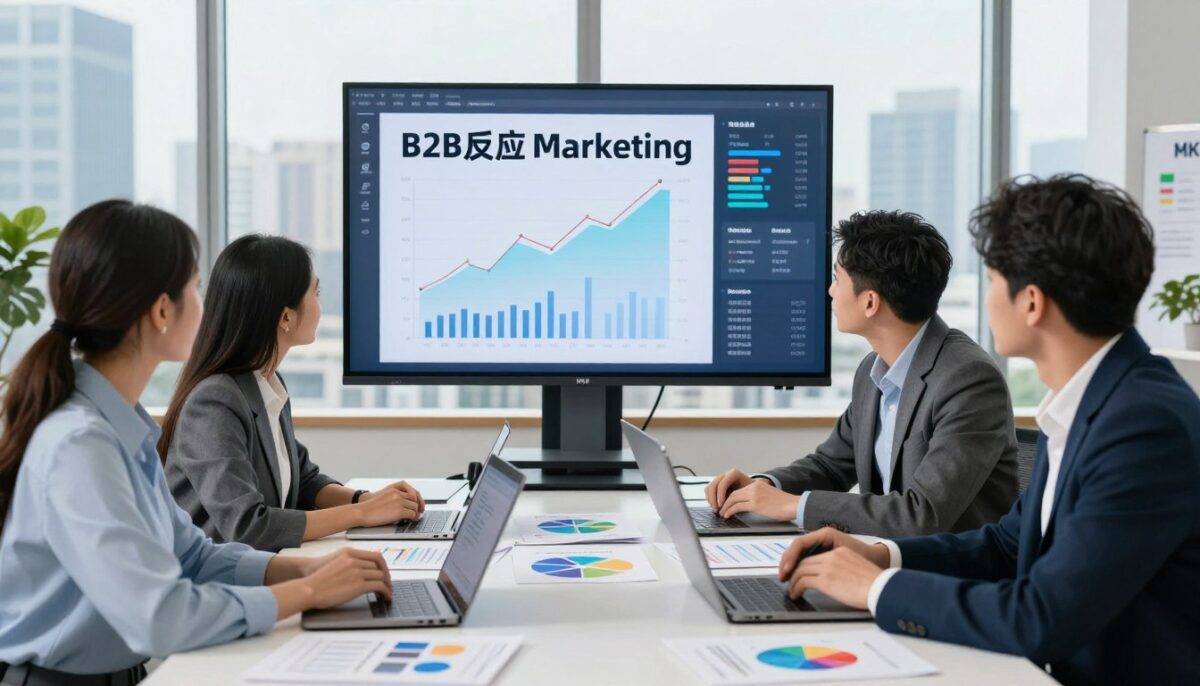 A modern and professional office setting that symbolizes B2B inbound marketing in 2026. In the foreground, a diverse group of three professionals—two men and one woman—are engaged in a brainstorming session, dressed in sleek business attire. They are gathered around a large table with laptops, colorful charts, and digital marketing materials spread out. In the middle ground, a large digital screen displays dynamic graphs and analytics, illustrating trends in inbound marketing strategies. The background features large windows with a city skyline, providing bright, natural light that enhances the atmosphere of innovation and collaboration. The mood is focused yet dynamic, aiming to showcase the progression and importance of inbound marketing in the B2B sphere. Incorporate the brand name "MKT" subtly in the environment, ensuring it blends well without being intrusive.