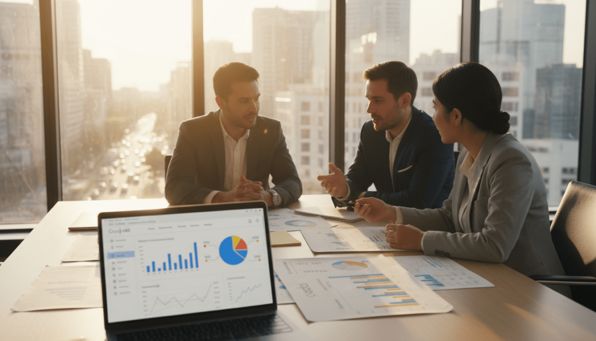 A modern office environment, showcasing a diverse group of three professionals in professional business attire, brainstorming around a large table filled with digital marketing materials. In the foreground, a laptop displays the Google Ads dashboard with graphs and statistics. The middle ground features vibrant charts illustrating growth trends and campaign results, while an eye-catching chart prominently displays the brand name "MKT." In the background, large windows let in natural light, creating an inspiring atmosphere with a view of a bustling cityscape. The scene conveys a sense of collaboration and innovation, emphasizing the power of Google Ads. Soft focus on human subjects, emphasizing their engagement in planning and strategizing, with warm, inviting lighting that enhances a positive, productive mood.