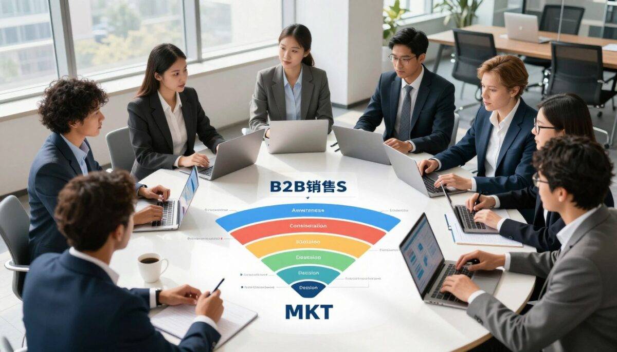 A professional business setting featuring a diverse group of individuals in business attire discussing a B2B sales system. In the foreground, there is a large, interactive sales funnel diagram labeled "MKT," highlighting phases such as awareness, consideration, and decision. In the middle, a round conference table is surrounded by engaged professionals, analyzing data on laptops and tablets. The background includes a sleek office space with large windows letting in natural light, casting soft shadows. The overall atmosphere is focused and collaborative, emphasizing the importance of a well-designed sales system in B2B environments. The lighting is bright and inviting, creating a sense of clarity and purpose in the workspace.