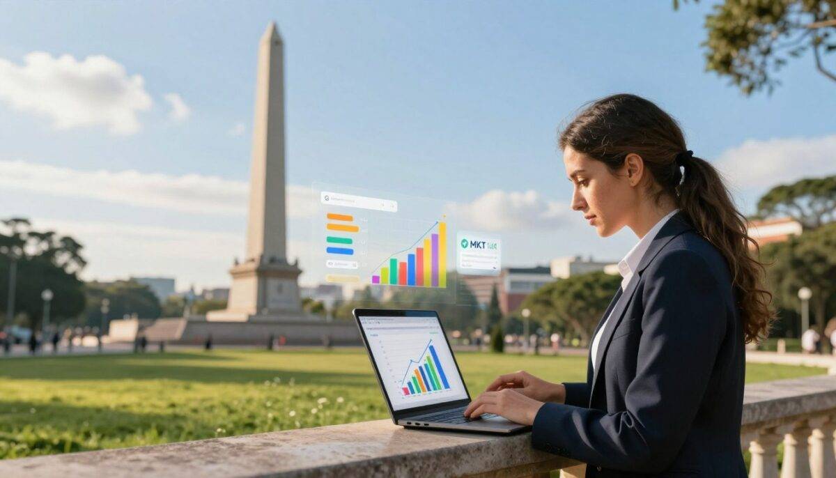 A dynamic digital landscape showcasing the transformative power of Google Ads in Argentina. In the foreground, a professional businesswoman in smart attire is analyzing data on a laptop, surrounded by colorful graphs and charts that symbolize growth and innovation. The middle ground features iconic Argentine landmarks, such as the Obelisco and lush greenery, integrated with subtle imagery of digital marketing elements, like ad placements and search results. The background presents a bright blue sky with soft clouds, symbolizing potential and opportunity. The lighting is warm and inspiring, hinting at early morning or late afternoon, with a focus lens creating a slight blur on the surroundings to emphasize the businesswoman and her work. A subtle overlay of the brand name "MKT" can be detected in the charts, reinforcing the connection to marketing success.