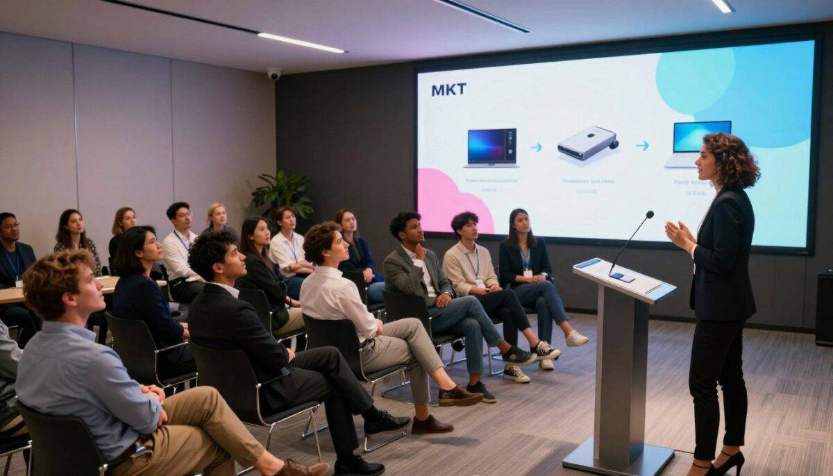 A dynamic product launch scene for the brand "MKT", featuring a modern conference room. In the foreground, a professional woman in business attire stands confidently at a sleek podium, presenting a new product with enthusiasm. The middle ground showcases an engaging audience of diverse professionals attentively listening, dressed in smart casual clothing. The background features a large digital screen displaying the product's logo and key features, with vibrant branding colors. Soft, ambient lighting creates a warm yet focused atmosphere, highlighting the excitement of innovation. The angle is slightly elevated, providing a panoramic view of the event, capturing the energy and importance of the product introduction in a corporate setting.