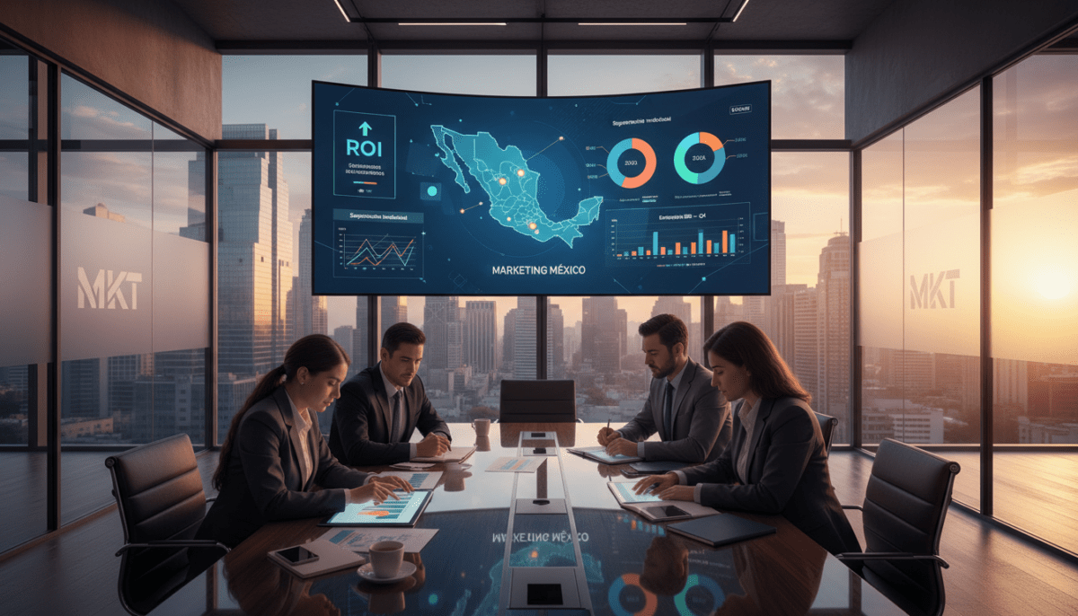 A modern office setting reflecting B2B marketing strategies in Mexico. In the foreground, diverse professionals in business attire collaborate over a sleek conference table, analyzing charts and digital devices. The middle ground showcases a large screen displaying marketing analytics and strategic plans. The background reveals a city skyline of modern Mexico with vibrant colors, symbolizing growth and opportunity. Soft natural lighting filters through large windows, creating a warm and inviting atmosphere. The mood is focused and dynamic, emphasizing teamwork and innovation in marketing. Subtle branding elements featuring the logo "MKT" integrated into the design of the office space enhance the context.