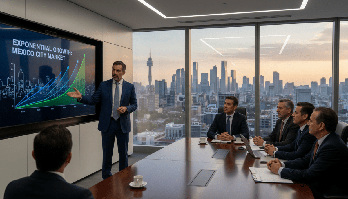 Imagen fotorrealista de un consultor experto en una oficina moderna en la Ciudad de México, mostrando gráficos de crecimiento exponencial en una pantalla digital frente a una mesa directiva corporativa, iluminación profesional y ambiente de éxito empresarial.