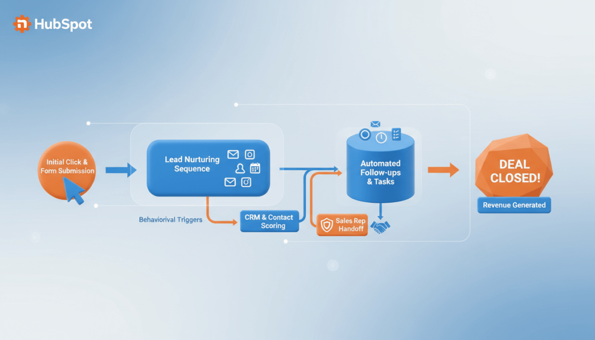 Infografía digital 3D de un flujo de trabajo de automatización en HubSpot, mostrando la ruta de un lead desde el primer clic hasta el cierre de venta, colores empresariales azul y naranja, diseño limpio y minimalista.