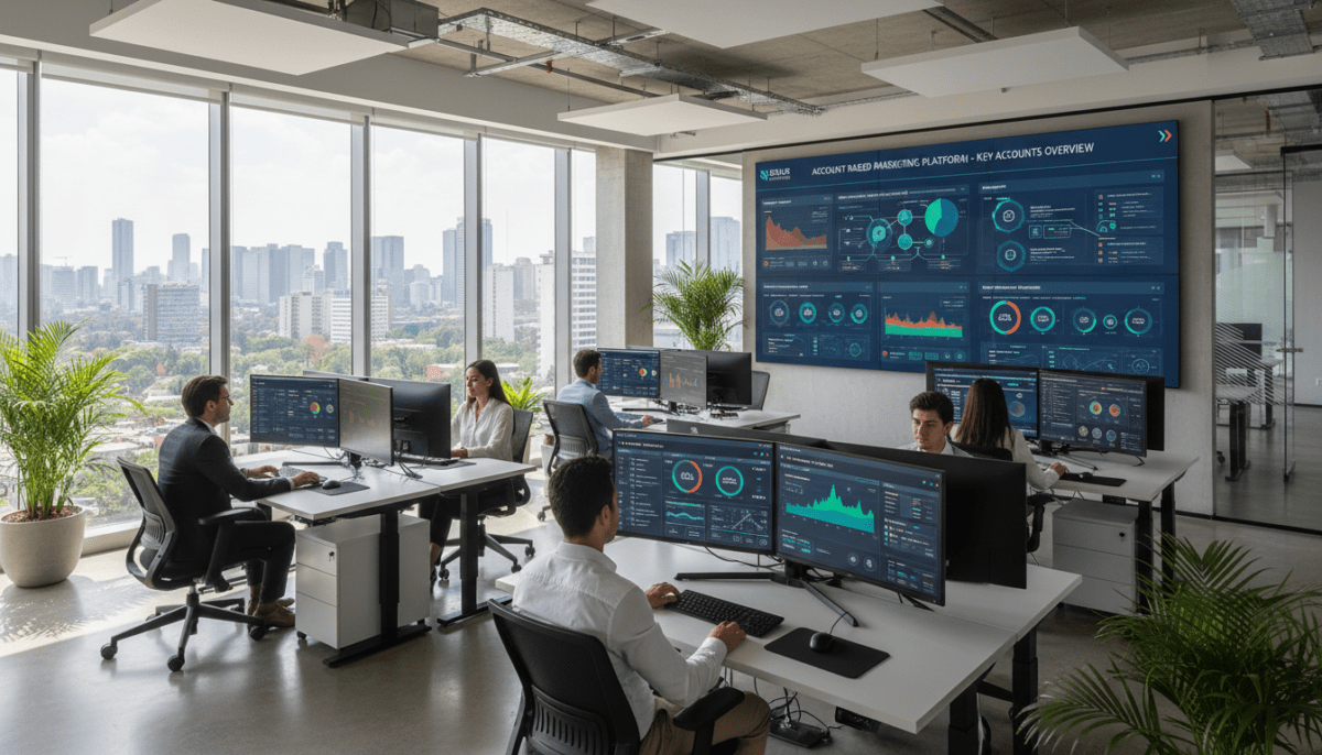 Una oficina moderna en la Ciudad de México donde analistas de marketing B2B utilizan un software avanzado de Account Based Marketing para visualizar datos de cuentas clave en pantallas de alta tecnología, estilo profesional y corporativo.